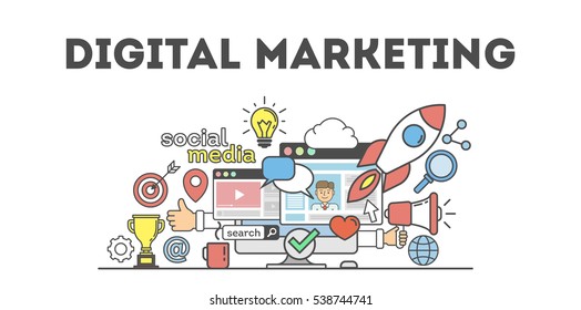 Digital Marketing Concept Poster. Digital Design. Social Network And Media Communication.