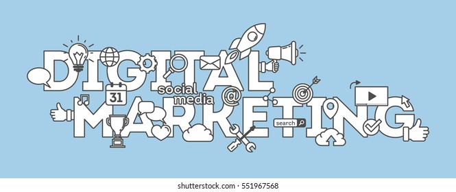 Digital marketing concept poster. Digital design. Social network and media communication. Blue and white design.