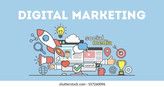 Digital Marketing Concept Poster. Digital Design. Social Network And Media Communication. Creative Icons.