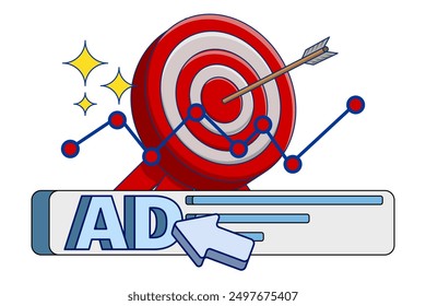 Digital marketing concept with PPC online advertising, promotions, Pay Per Click Marketing, cursor click on targeted ppc ads. traffic research, and targeted advertising with revenue graphs. Vector.