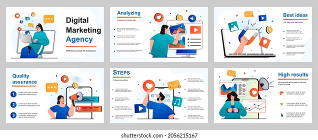 Digital Marketing Concept For Presentation Slide Template. People Make Advertising Campaigns, Promotion Online, Create Communication Strategy And Analysis Data. Vector Illustration For Layout Design