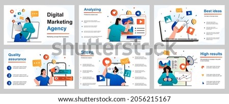 Digital marketing concept for presentation slide template. People make advertising campaigns, promotion online, create communication strategy and analysis data. Vector illustration for layout design