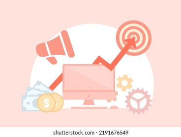 Marketing digital. Concepto de iniciación del proyecto. Gestión de proyectos, ciclo de vida. Asignaciones, analizando el concepto de datos. Diferentes características, ilustración vectorial.