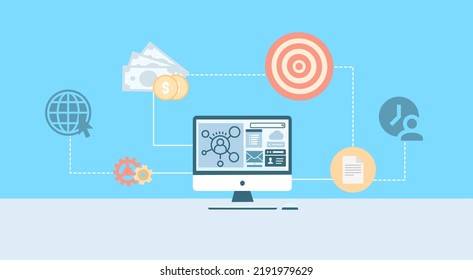 Marketing digital. Concepto de iniciación del proyecto. Gestión de proyectos, ciclo de vida. Asignaciones, analizando el concepto de datos. Diferentes características, ilustración vectorial.