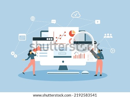 Digital Marketing. Concept of Project initiation. Project management, life cycle. Assignments, analyzing data concept. Different features, vector illustration.