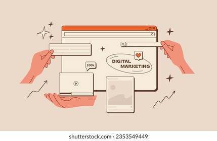 Digital Marketing concept in retro style. Old computer interface with browser window, search bar, social media app. Ad campaign. Teamwork. Hands working together on project. SMM, SEO analysis. Vector.
