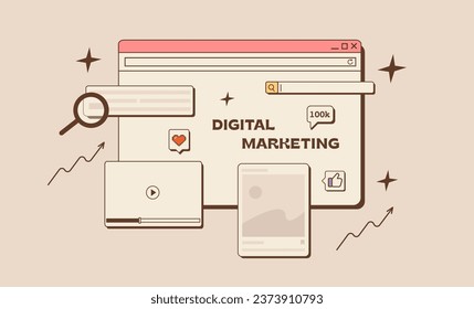 Digital Marketing concept in retro style. Old computer interface with browser window, search bar, social media statistic, multimedia player. SEO analysis, SMM, web app development. Vector illustration