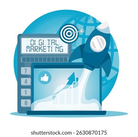 Digital Marketing concept. A rocket symbolizing business growth, a graph on a screen, and the term digital marketing, conveying technology advancements and online marketing concepts.