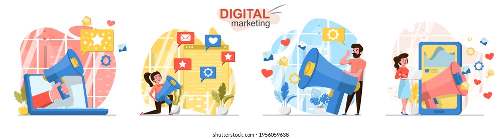 Escenarios de concepto de marketing digital. Los vendedores con altavoces atraen a nuevos clientes, promueven negocios en línea. Colección de actividades populares. Ilustración vectorial de caracteres en diseño plano