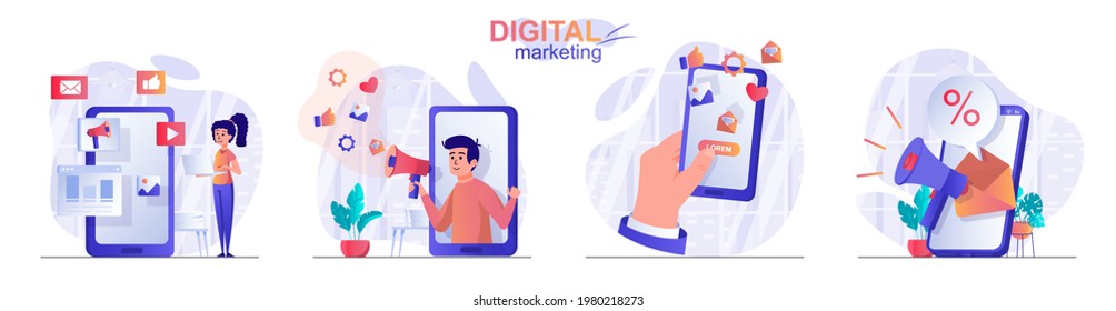 Digital marketing concept scenes set. Social media promotion, customer attracting, online advertising campaign. Collection of people activities. Vector illustration of characters in flat design