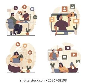 Digital marketing concept scenes set in flat web design. People in situations of doing advertising, attracting new clients with megaphones, making online promotion with emails. Vector illustrations.