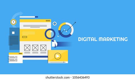 Digital marketing Concept - Search Engine optimization strategy - Video content advertising flat vector banner isolated on blue background