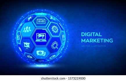 Digital marketing concept. Search Engine Optimisation. SEO. SMM. Advertising. Internet. Online. Abstract 3D sphere or globe with surface of hexagons with icons. Vector illustration.