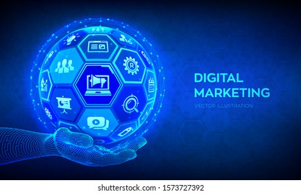 Digital marketing concept. Search Engine Optimisation. SEO. SMM. Advertising. Internet. Online. Abstract 3D sphere or globe with surface of hexagons in robotic hand. Vector illustration.