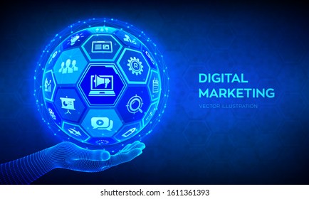 Digital marketing concept. Search Engine Optimisation. SEO. SMM. Advertising. Internet. Online. Abstract 3D sphere or globe with surface of hexagons in wireframe hand. Vector illustration.