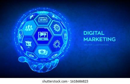 Digital marketing concept. Search Engine Optimisation. SEO. SMM. Advertising. Internet. Online. Abstract 3D sphere or globe with surface of hexagons in wireframe hand. Vector illustration.