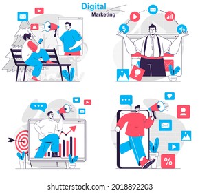 Conjunto de conceptos de marketing digital. Campaña publicitaria en redes sociales, promoción en línea. La gente aisló escenas en diseño plano. Ilustración vectorial para blogs, sitio web, aplicación móvil, materiales promocionales.