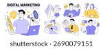 Digital marketing concept set. Collection of characters promoting business online, creating content, analyzing data, managing social media. Vector illustration.