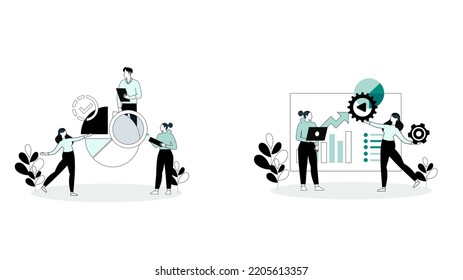 Digital Marketing concept set. Collection of scenes with men and women taking part in business activities. Trendy vector style.