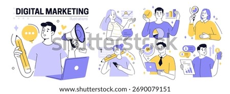 Digital marketing concept set. Collection of characters promoting business online, creating content, analyzing data, managing social media. Vector illustration.