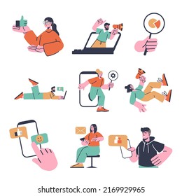 Digital marketing concept set in flat design. Man and woman making advertising at social media, promotion, attracting followers, promo mailing. Vector illustration with pack of people scenes for web