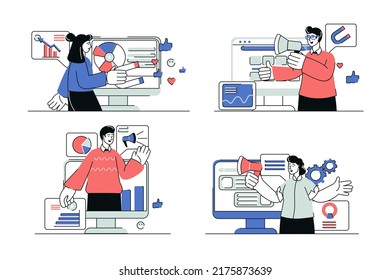 Concepto de marketing digital en diseño de línea plana. Hombres y mujeres crean contenido promocional, publican posts de blogs para usuarios y hacen publicidad en línea. Ilustración vectorial con escena de personas de contorno para web