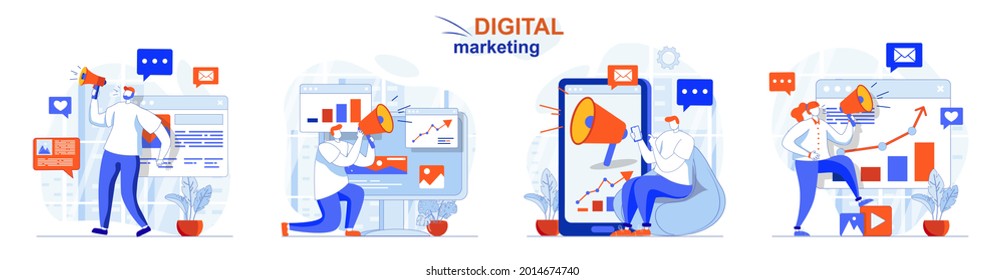 Conjunto de conceptos de marketing digital. Promoción online, análisis de datos y publicidad. La gente aisló escenas en diseño plano. Ilustración vectorial para blogs, sitio web, aplicación móvil, materiales promocionales.
