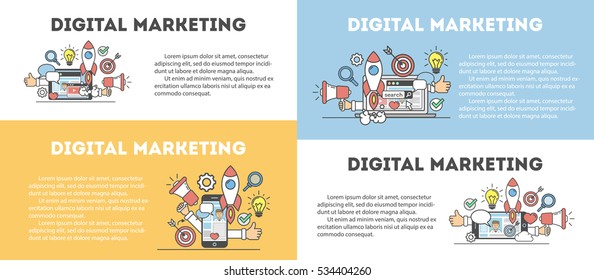 Digital marketing concept set. Social network and media communication. SEO, SEM and promotion.