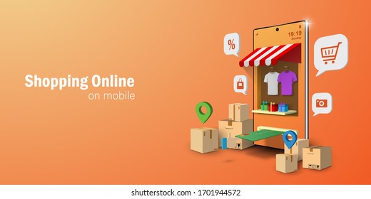 Digital marketing concept, Shopping Online on mobile application, Banner background with copy space