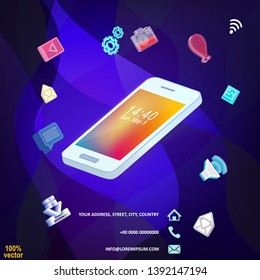Digital marketing concept. Smartphone surrounded by media icons. Technology business digital marketing concept and online business concept.  Can be used for workflow layout, diagram, number options.
