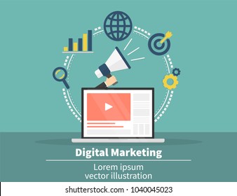 Digitales Marketingkonzept. Soziales Netzwerk und Medienkommunikation. SEO, SEM und Verkaufsstrategie