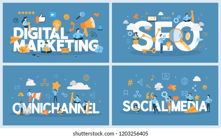 Digital marketing concept. Social network and media communication online. SEO, SEM and business promotion. Omnichannel concept. Flat vector illustration