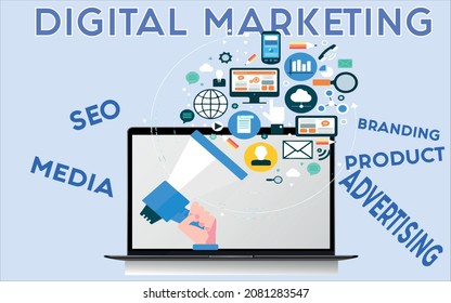 Digital marketing concept. Social network and media communication. SEO, SEM and promotion.