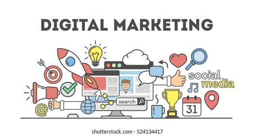 Digital Marketing Concept. Social Network And Media Communication. SEO, SEM And Promotion.