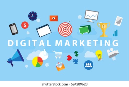 Digital marketing concept. Social network and media communication. SEO, SEM and promotion.
