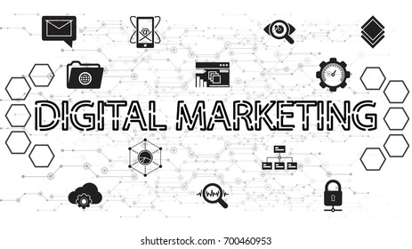 Digital marketing concept. Social network and media communication. SEO, SEM and promotion.