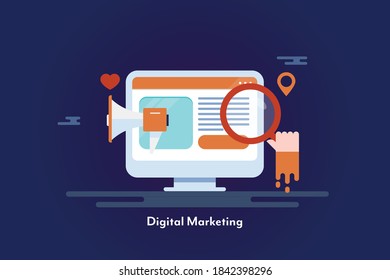 Concepto de marketing digital, solución de marketing, SEO, promoción de medios sociales, mano con lupa - ilustración vectorial conceptual con íconos y textos