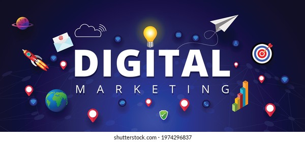 Digital Marketing Concept, Startup Project Work, Search Computer and Internet Communication, social media, vector design.
