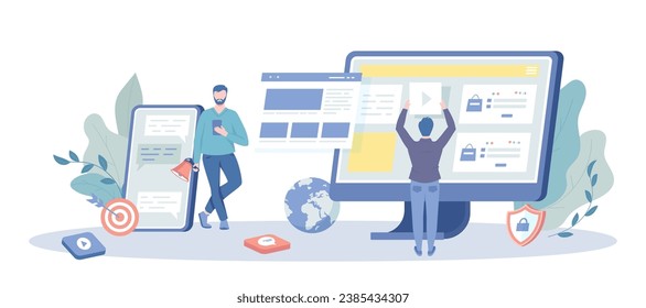 Concepto de marketing digital. Estrategia de marketing para sitios web y sitios web móviles, promoción de contenidos en Internet y medios sociales. Ilustración vectorial con situación de carácter para web.	
