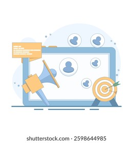 Digital Marketing Concept. Tablet with Megaphone and Target Arrow. Online promotional advertising campaign, mobile app advertising content, social networks. Flat Vector Illustration Design on backgrou