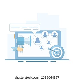 Digital Marketing Concept. Tablet with Megaphone and Target Arrow. Online promotional advertising campaign, mobile app advertising content, social networks. Flat Vector Illustration Design on backgrou