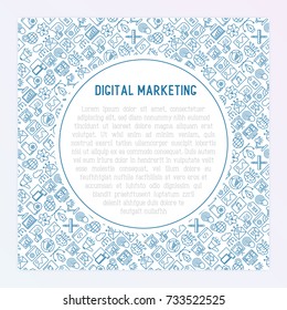 Digital marketing concept with thin line icons: searching idea, development, optimization, management, communication. Vector illustration for banner, web page, print media.