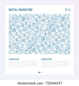 Digital marketing concept with thin line icons: searching idea, development, optimization, management, communication. Vector illustration for banner, web page, print media.