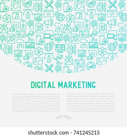Digital marketing concept with thin line icons: searching idea, development, optimization, management, communication. Vector illustration for banner, web page, print media.