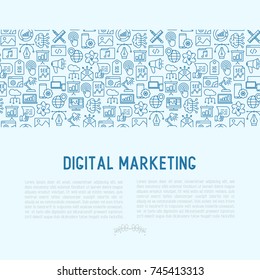 Digital marketing concept with thin line icons: searching idea, development, optimization, management, communication. Vector illustration for banner, web page, print media.