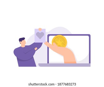 a digital marketing concept, trade, buyer and seller. illustration of a man offering goods and paid for in coins by hand that appears from a laptop. flat style. vector design elements