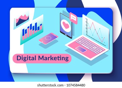 Digital marketing concept. Vector illustration with isometric laptop, smartphone, tablet, abstract graph and chart. Analytics for business growth. Marketing strategy for social media and network.