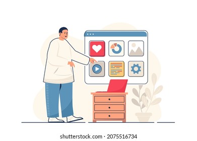 Digital marketing concept for web banner. Man creates content, publishes posts, attracts users, runs ad campaign, modern person scene. Vector illustration in flat cartoon design with people characters