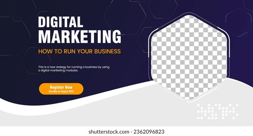 Digital marketing concept webinar horizontal banner template design. Abstract curve banner design with black and white background and yellow frame shape