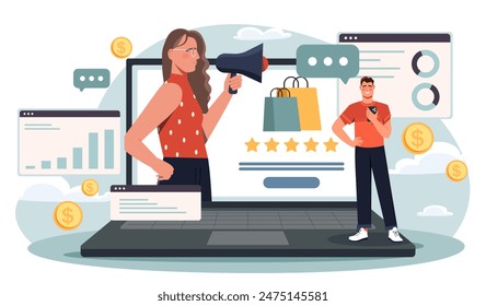 Digital marketing concept. Woman with loudspeaker on laptop screen. Promotion of online store on social networks and Internet. Electronic commerce. Cartoon flat vector illustration